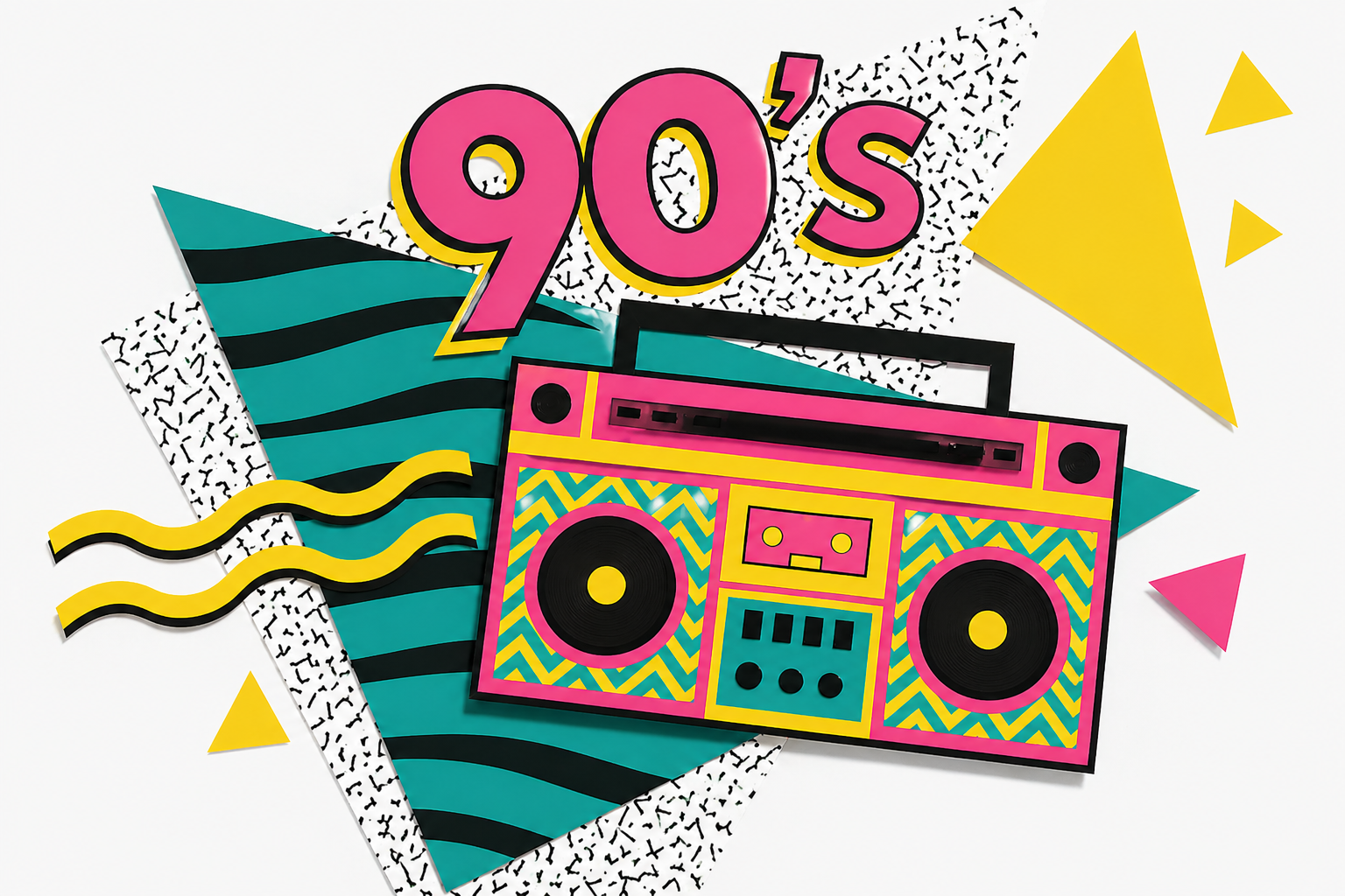 NOW that's the 90's theme with colorful boombox and geometric shapes